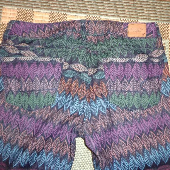 American Eagle Outfitters Stretch Jeggings 4 Leaf/Feather Multicolored Zip Leg - Picture 3 of 16